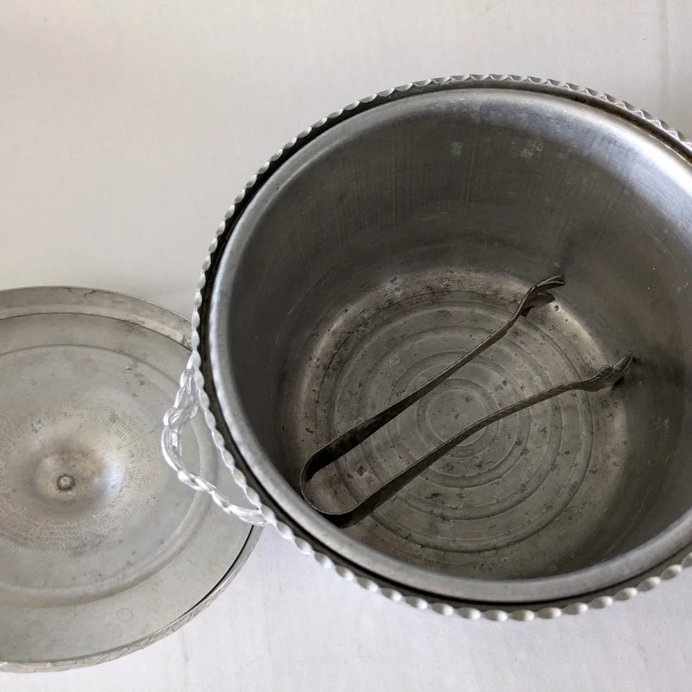 Vintage Hammered Aluminum Ice Bucket & Tong.Underside Of Lid Has Cocktail Recipe